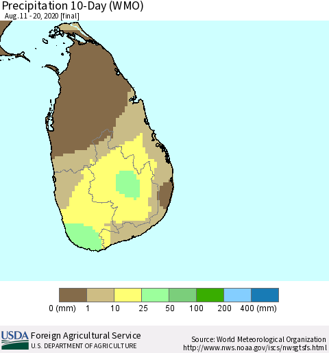 Sri Lanka Precipitation 10-Day (WMO) Thematic Map For 8/11/2020 - 8/20/2020
