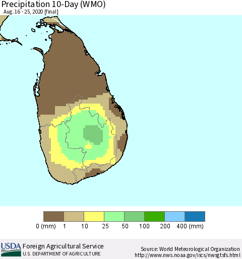 Sri Lanka Precipitation 10-Day (WMO) Thematic Map For 8/16/2020 - 8/25/2020