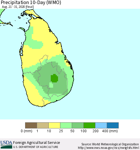 Sri Lanka Precipitation 10-Day (WMO) Thematic Map For 8/21/2020 - 8/31/2020