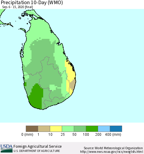 Sri Lanka Precipitation 10-Day (WMO) Thematic Map For 9/6/2020 - 9/15/2020