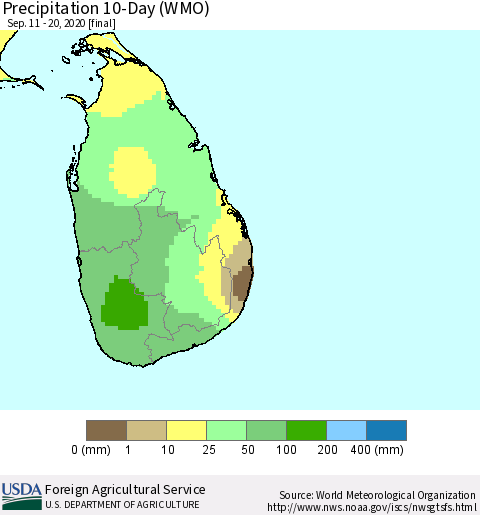 Sri Lanka Precipitation 10-Day (WMO) Thematic Map For 9/11/2020 - 9/20/2020