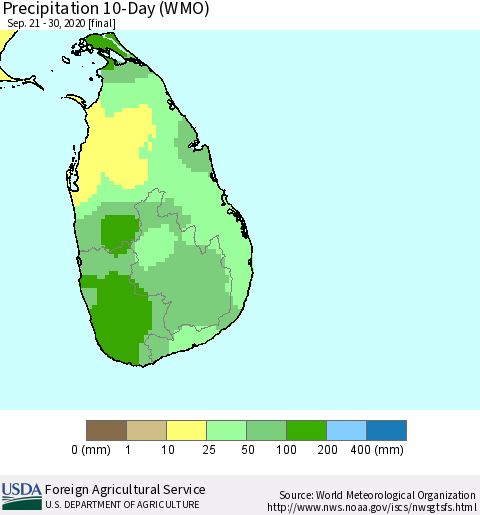 Sri Lanka Precipitation 10-Day (WMO) Thematic Map For 9/21/2020 - 9/30/2020