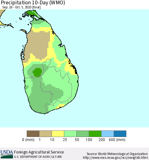 Sri Lanka Precipitation 10-Day (WMO) Thematic Map For 9/26/2020 - 10/5/2020