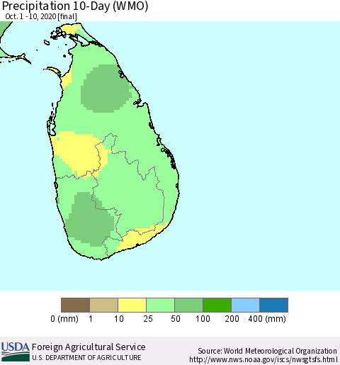 Sri Lanka Precipitation 10-Day (WMO) Thematic Map For 10/1/2020 - 10/10/2020