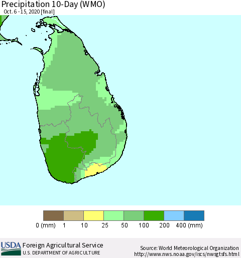 Sri Lanka Precipitation 10-Day (WMO) Thematic Map For 10/6/2020 - 10/15/2020