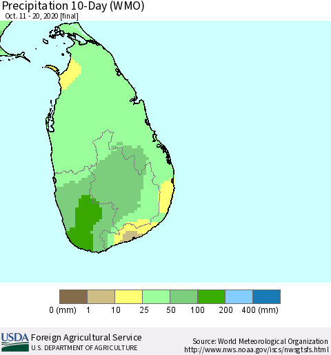 Sri Lanka Precipitation 10-Day (WMO) Thematic Map For 10/11/2020 - 10/20/2020