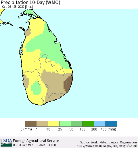 Sri Lanka Precipitation 10-Day (WMO) Thematic Map For 10/16/2020 - 10/25/2020