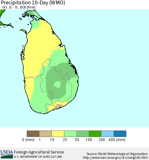 Sri Lanka Precipitation 10-Day (WMO) Thematic Map For 10/21/2020 - 10/31/2020