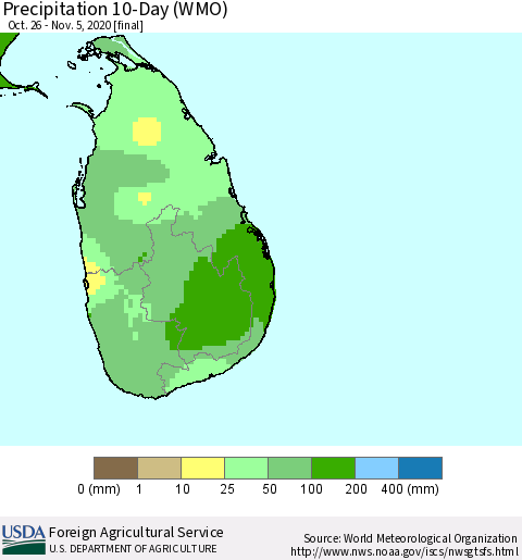 Sri Lanka Precipitation 10-Day (WMO) Thematic Map For 10/26/2020 - 11/5/2020