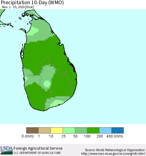 Sri Lanka Precipitation 10-Day (WMO) Thematic Map For 11/1/2020 - 11/10/2020