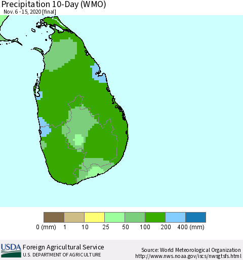 Sri Lanka Precipitation 10-Day (WMO) Thematic Map For 11/6/2020 - 11/15/2020