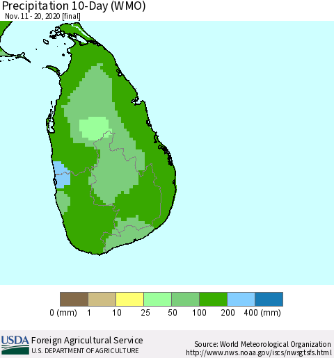 Sri Lanka Precipitation 10-Day (WMO) Thematic Map For 11/11/2020 - 11/20/2020