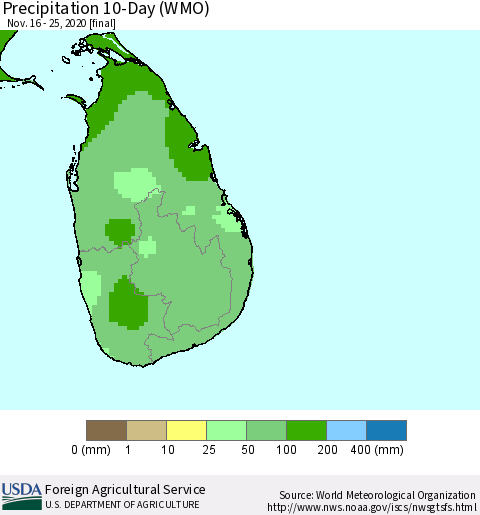 Sri Lanka Precipitation 10-Day (WMO) Thematic Map For 11/16/2020 - 11/25/2020