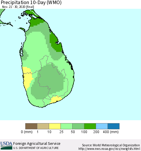 Sri Lanka Precipitation 10-Day (WMO) Thematic Map For 11/21/2020 - 11/30/2020