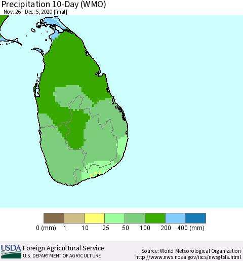 Sri Lanka Precipitation 10-Day (WMO) Thematic Map For 11/26/2020 - 12/5/2020