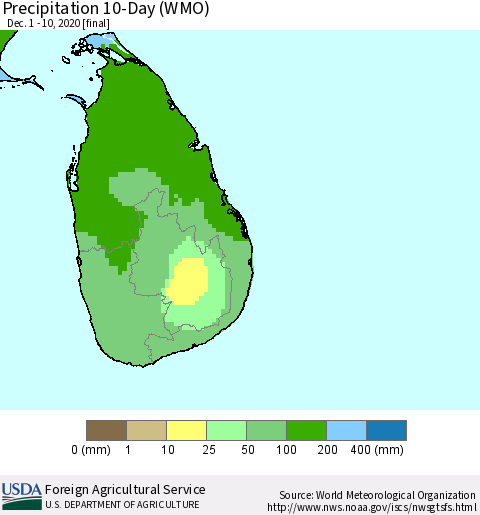 Sri Lanka Precipitation 10-Day (WMO) Thematic Map For 12/1/2020 - 12/10/2020