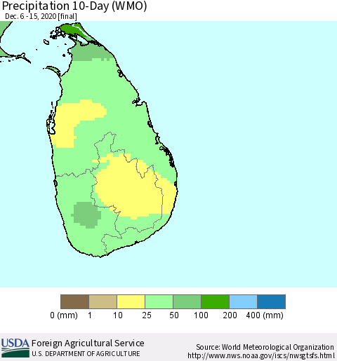 Sri Lanka Precipitation 10-Day (WMO) Thematic Map For 12/6/2020 - 12/15/2020