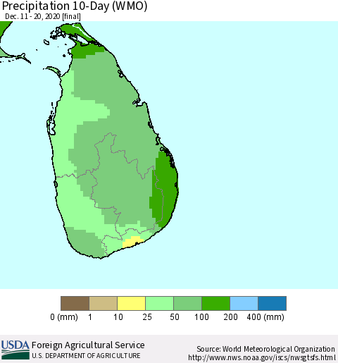 Sri Lanka Precipitation 10-Day (WMO) Thematic Map For 12/11/2020 - 12/20/2020