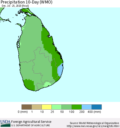 Sri Lanka Precipitation 10-Day (WMO) Thematic Map For 12/16/2020 - 12/25/2020