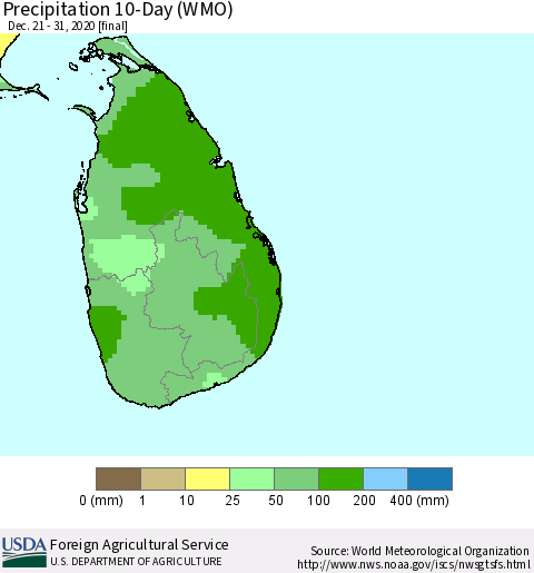 Sri Lanka Precipitation 10-Day (WMO) Thematic Map For 12/21/2020 - 12/31/2020