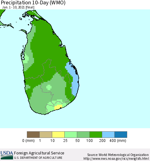 Sri Lanka Precipitation 10-Day (WMO) Thematic Map For 1/1/2021 - 1/10/2021