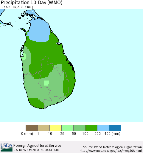 Sri Lanka Precipitation 10-Day (WMO) Thematic Map For 1/6/2021 - 1/15/2021