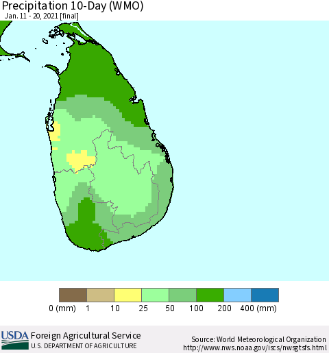 Sri Lanka Precipitation 10-Day (WMO) Thematic Map For 1/11/2021 - 1/20/2021