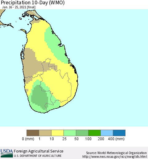 Sri Lanka Precipitation 10-Day (WMO) Thematic Map For 1/16/2021 - 1/25/2021