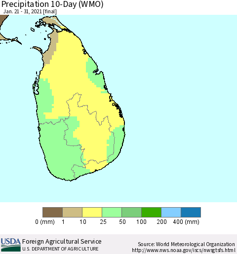 Sri Lanka Precipitation 10-Day (WMO) Thematic Map For 1/21/2021 - 1/31/2021