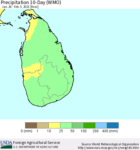 Sri Lanka Precipitation 10-Day (WMO) Thematic Map For 1/26/2021 - 2/5/2021
