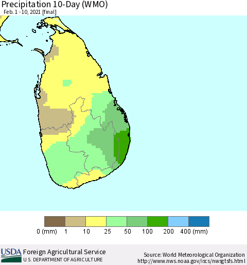 Sri Lanka Precipitation 10-Day (WMO) Thematic Map For 2/1/2021 - 2/10/2021