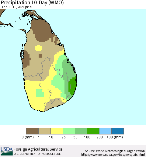 Sri Lanka Precipitation 10-Day (WMO) Thematic Map For 2/6/2021 - 2/15/2021