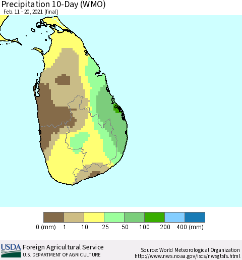 Sri Lanka Precipitation 10-Day (WMO) Thematic Map For 2/11/2021 - 2/20/2021
