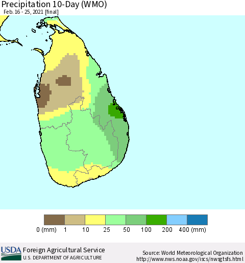 Sri Lanka Precipitation 10-Day (WMO) Thematic Map For 2/16/2021 - 2/25/2021