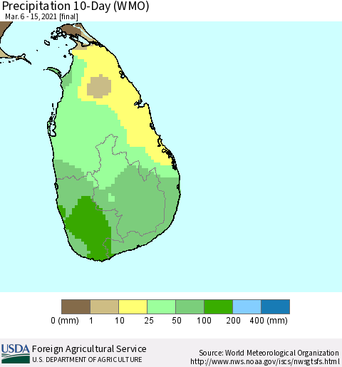 Sri Lanka Precipitation 10-Day (WMO) Thematic Map For 3/6/2021 - 3/15/2021