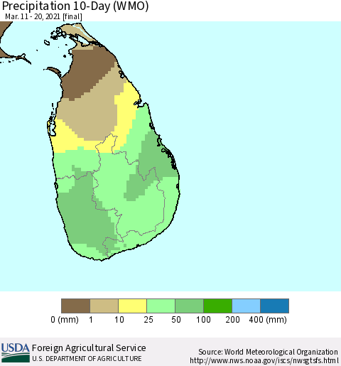 Sri Lanka Precipitation 10-Day (WMO) Thematic Map For 3/11/2021 - 3/20/2021
