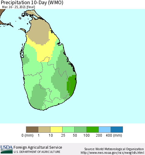 Sri Lanka Precipitation 10-Day (WMO) Thematic Map For 3/16/2021 - 3/25/2021