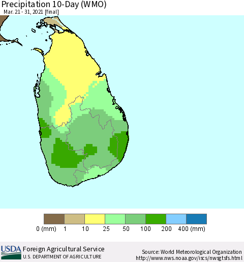 Sri Lanka Precipitation 10-Day (WMO) Thematic Map For 3/21/2021 - 3/31/2021