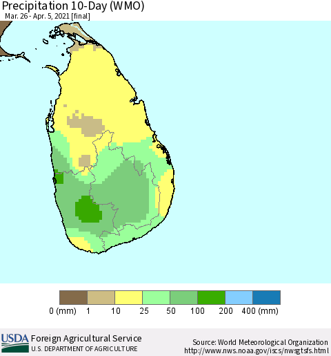 Sri Lanka Precipitation 10-Day (WMO) Thematic Map For 3/26/2021 - 4/5/2021