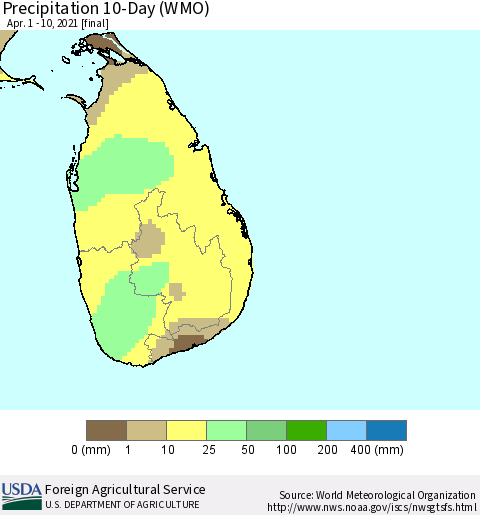 Sri Lanka Precipitation 10-Day (WMO) Thematic Map For 4/1/2021 - 4/10/2021