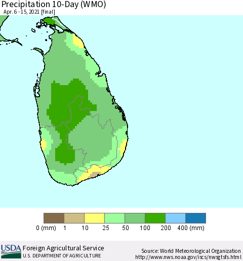 Sri Lanka Precipitation 10-Day (WMO) Thematic Map For 4/6/2021 - 4/15/2021