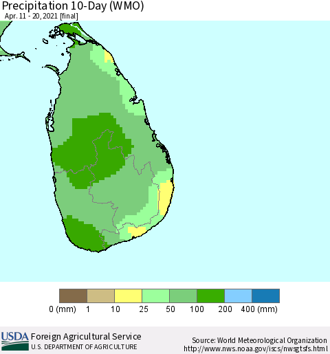Sri Lanka Precipitation 10-Day (WMO) Thematic Map For 4/11/2021 - 4/20/2021