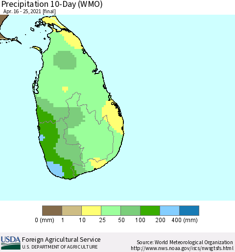 Sri Lanka Precipitation 10-Day (WMO) Thematic Map For 4/16/2021 - 4/25/2021