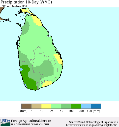 Sri Lanka Precipitation 10-Day (WMO) Thematic Map For 4/21/2021 - 4/30/2021