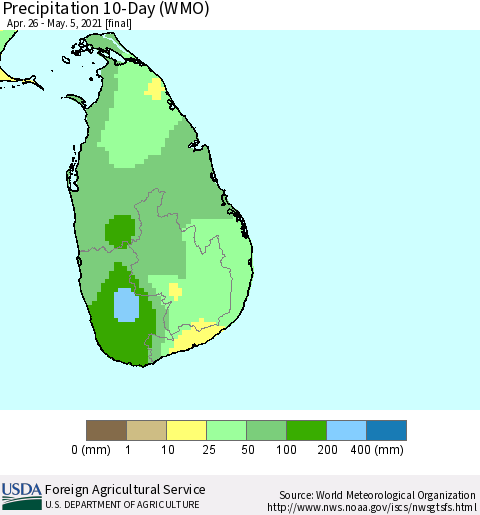 Sri Lanka Precipitation 10-Day (WMO) Thematic Map For 4/26/2021 - 5/5/2021