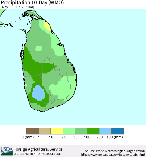 Sri Lanka Precipitation 10-Day (WMO) Thematic Map For 5/1/2021 - 5/10/2021