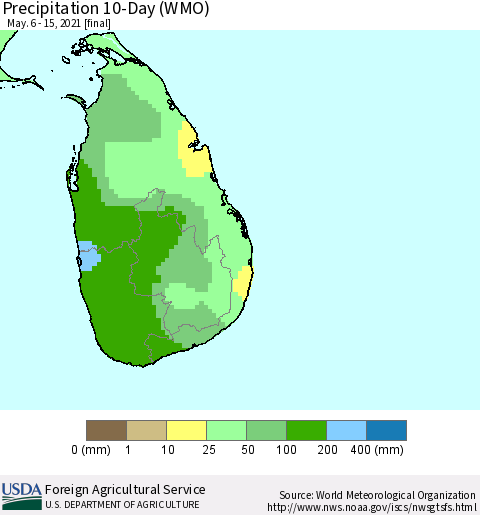 Sri Lanka Precipitation 10-Day (WMO) Thematic Map For 5/6/2021 - 5/15/2021