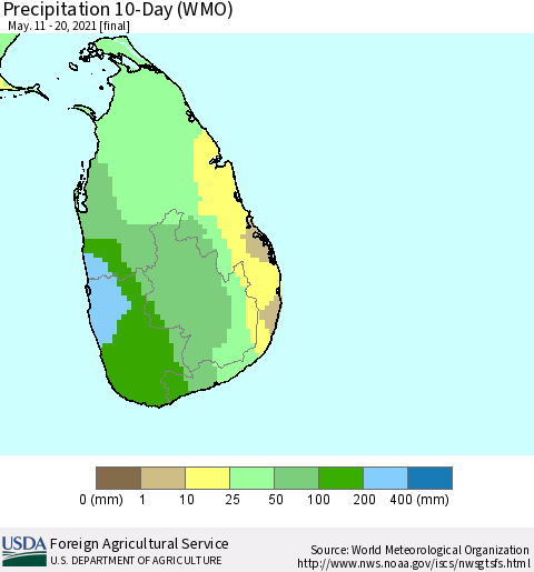 Sri Lanka Precipitation 10-Day (WMO) Thematic Map For 5/11/2021 - 5/20/2021