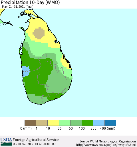 Sri Lanka Precipitation 10-Day (WMO) Thematic Map For 5/21/2021 - 5/31/2021