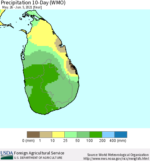 Sri Lanka Precipitation 10-Day (WMO) Thematic Map For 5/26/2021 - 6/5/2021